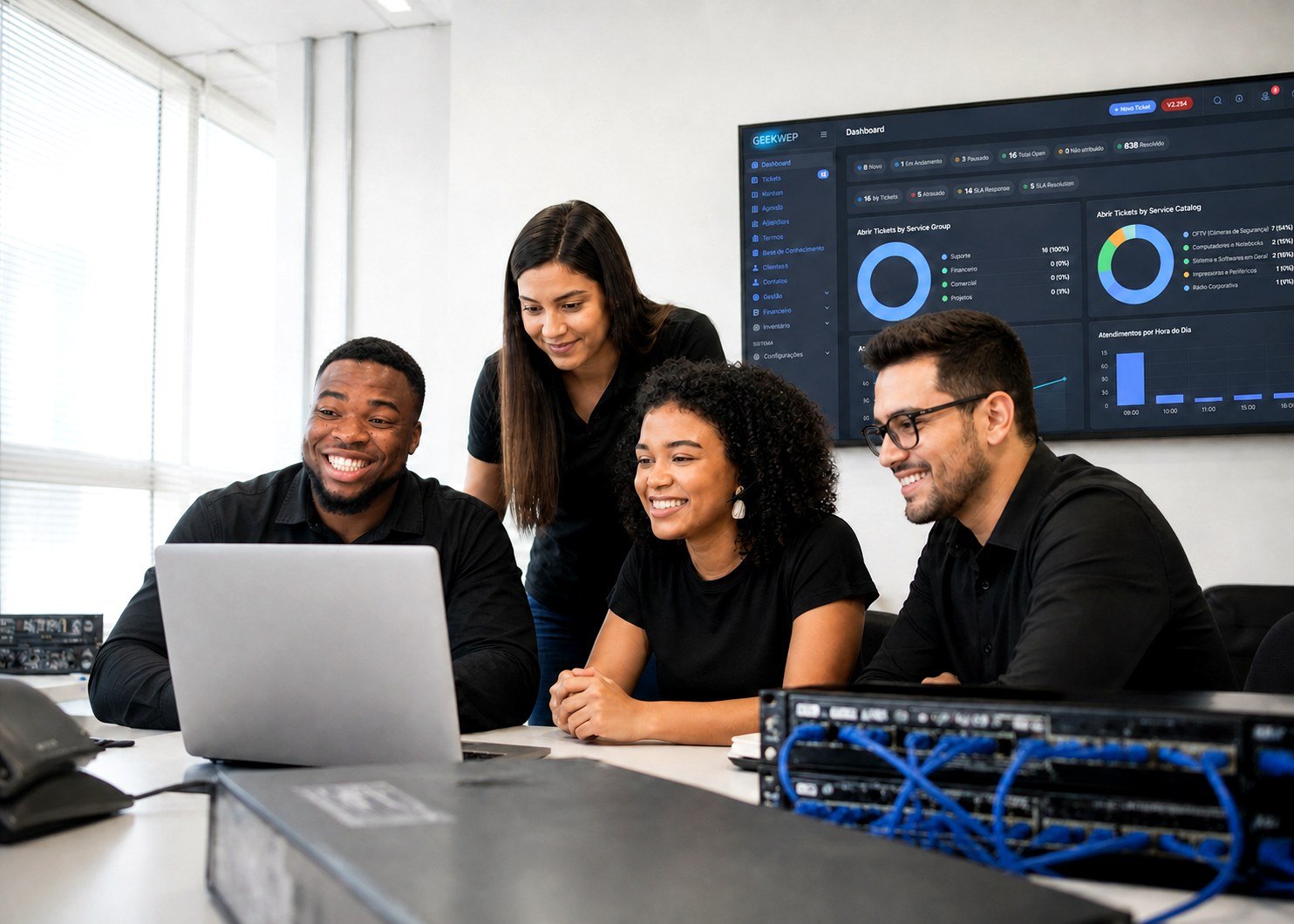 Equipe de TI da Geekwep analisando o monitoramento de equipamentos em escritório